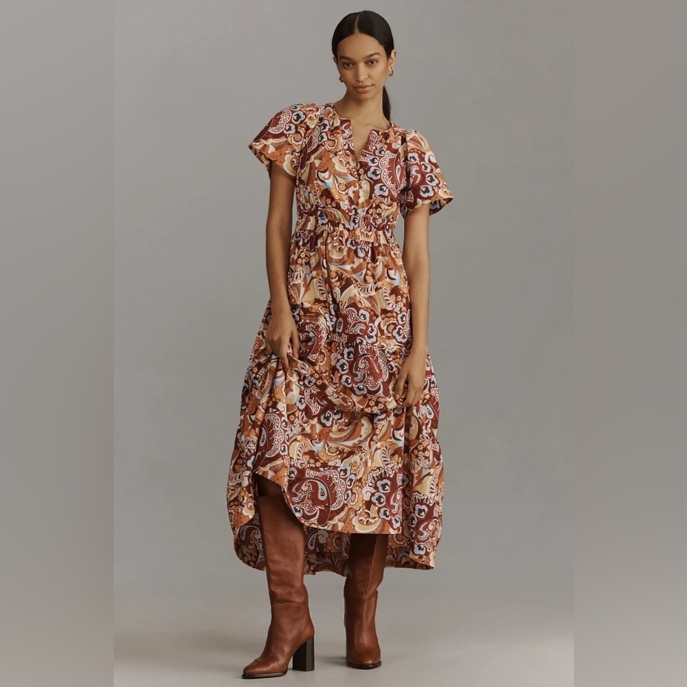 Anthropologie Somerset Maxi Dress Size XS Bronze Red Paisley Print